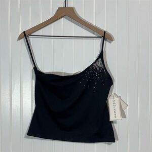VTG Y2K Mirrors Black One Shoulder Rhinestone Starburst Stretch Top XL Made USA